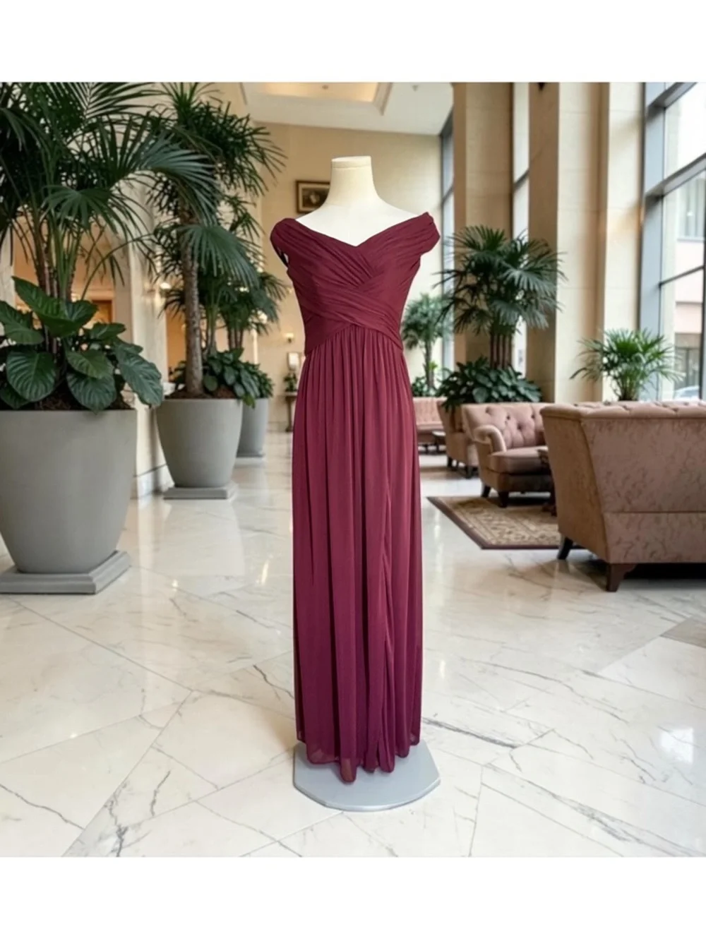 NWT David’s Bridal Off-Shoulder Evening Gown in Wine! Size 2! NEW! - Picture 1 of 15